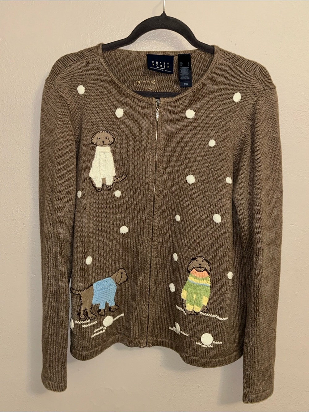 Liz Claiborne Brown Zip-Front Cardigan with Dog Appliqués